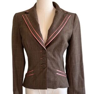 Bebe Blazer Brown Pink Women 6 Glen Plaid Contrast Piping Tailored Jacket
